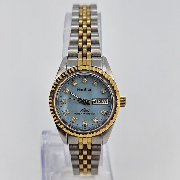 Armitron Women's Watch 24MM Blue Dial Day Date Two Tone Band 6.5" New Battery - Picture 1 of 12